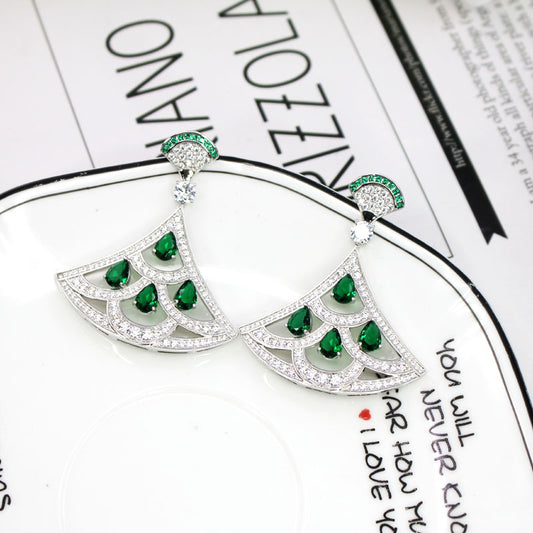 Green Zircon Fan-shaped Earrings With Gold-plated Diamonds