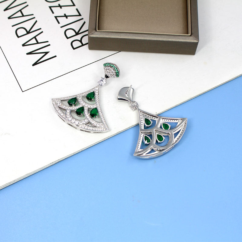 Green Zircon Fan-shaped Earrings With Gold-plated Diamonds