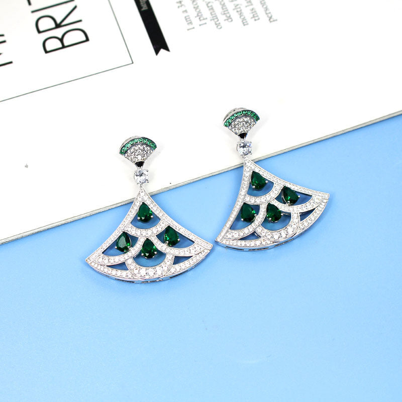 Green Zircon Fan-shaped Earrings With Gold-plated Diamonds