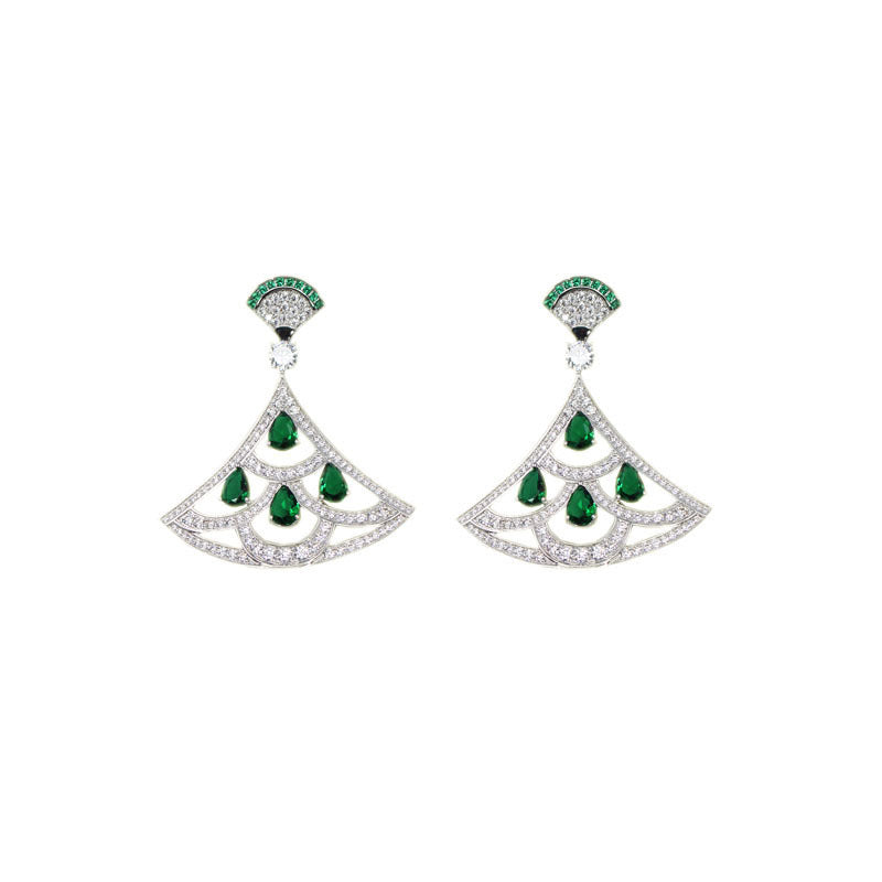 Green Zircon Fan-shaped Earrings With Gold-plated Diamonds