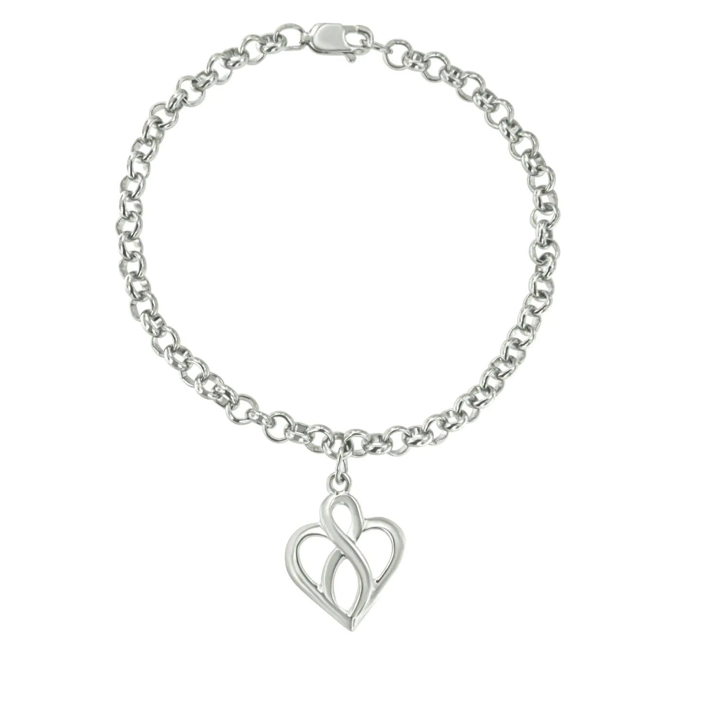 .925 Sterling Silver Open Heart with Center Vertical Infinity Chain Charm Bracelet - Size 7"