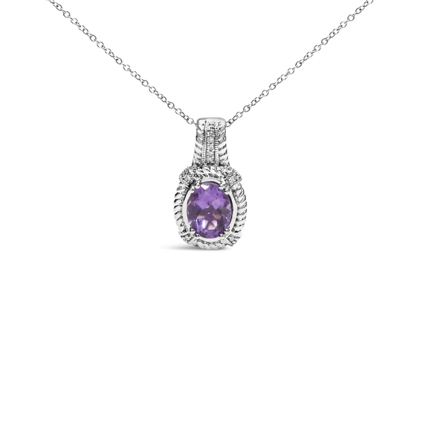 .925 Sterling Silver 9x7mm Oval Purple Amethyst and Round Diamond Accent Fashion Drop Pendant 18 Inch Necklace (I-J Color, I1-I2 Clarity)